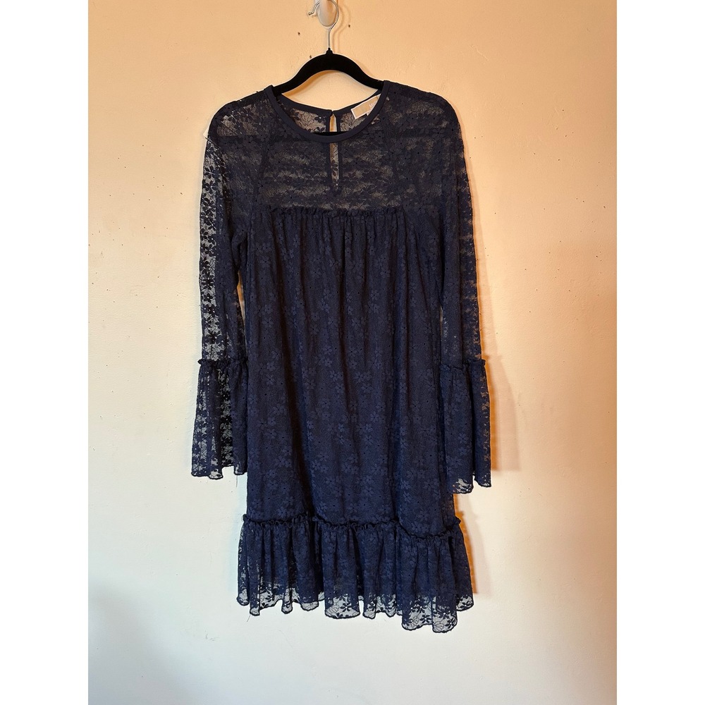 Michael Kors Navy Blue Floral Lace Bell Sleeve Dress Scalloped Hem XS